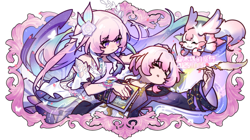 2girls aqua_hair as_i've_written_(honkai:_star_rail) book breasts chibi coat commentary cyrene_(demiurge)_(honkai:_star_rail) cyrene_(honkai:_star_rail) cyrene_(philia093)_(honkai:_star_rail) dated diamond-shaped_pupils diamond_(shape) dress english_commentary flower hair_flower hair_ornament highres holding holding_book holding_quill honkai:_star_rail honkai_(series) long_hair medium_breasts mem_(honkai:_star_rail) multicolored_hair multiple_girls multiple_persona pink_hair purple_coat purple_eyes quill sleeping small_breasts symbol-shaped_pupils two-tone_hair very_long_hair white_dress white_hair yemuzi