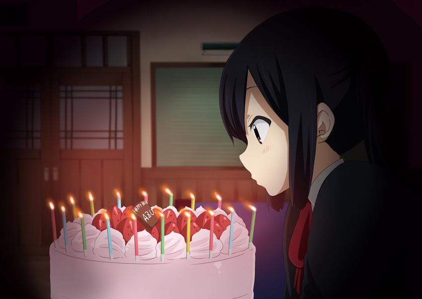 birthday_cake black_hair blowing blush brown_eyes cake candle character_name door food fruit happy_birthday icing k-on! long_hair nakano_azusa official_style profile ragho_no_erika solo strawberry twintails