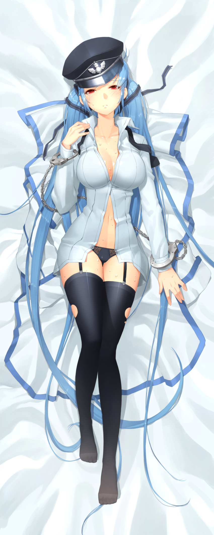 absurdres arm_up bed_sheet beong-eoli black_legwear black_panties blue_hair blush breasts cleavage collarbone cuffs dakimakura dress_shirt feet full_body garter_straps handcuffs hat highres impossible_clothes jacket large_breasts long_hair luthica_preventer lying midriff naked_shirt navel necktie on_back open_clothes open_mouth open_shirt panties peaked_cap red_eyes scan shirt solo sweat sword_girls thighhighs torn_clothes torn_legwear twintails underwear very_long_hair