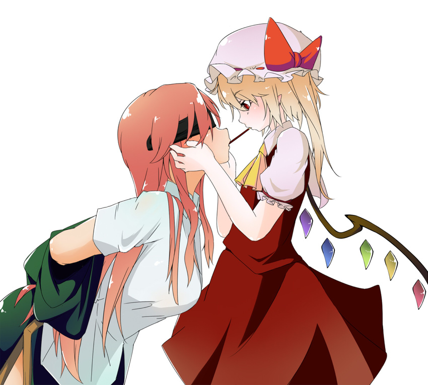 alternate_hairstyle bacho blindfold blonde_hair blush bow flandre_scarlet food hat hat_bow hong_meiling long_hair multiple_girls pocky pocky_kiss pointy_ears red_eyes restrained shared_food sharing_food side_ponytail touhou wings yuri
