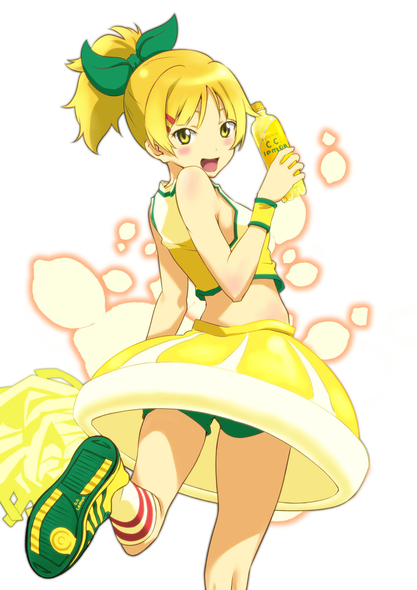 absurdres bad_id bad_pixiv_id bike_shorts blonde_hair blush bow c.c._lemon c.c._lemon_(character) cheerleader green_shorts hair_bow highres huyumitsu looking_back midriff pom_poms ponytail shoes shorts simple_background skirt smile sneakers socks solo standing standing_on_one_leg white_background wrist_cuffs yellow_eyes