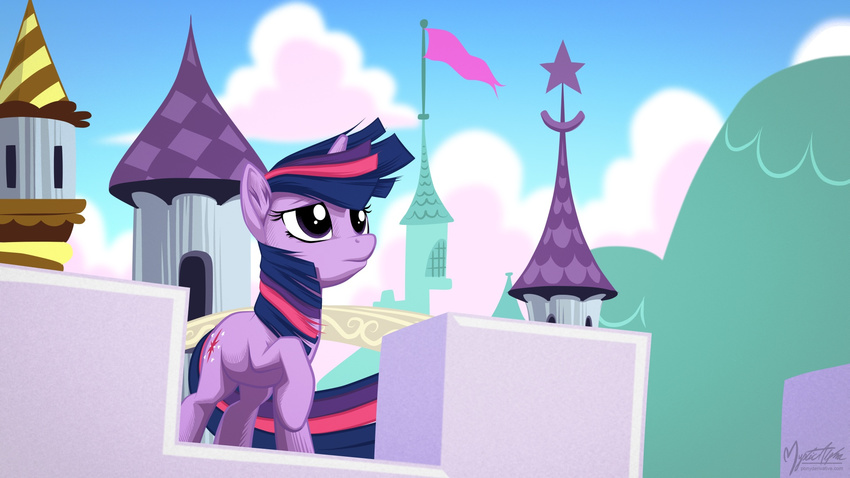 2012 building canterlot cutie_mark equine female feral flag friendship_is_magic hair horn horse mammal mountain multi-colored_hair my_little_pony mysticalpha one_eye_closed outside palace pony purple_eyes solo star tower twilight_sparkle_(mlp) unicorn wink