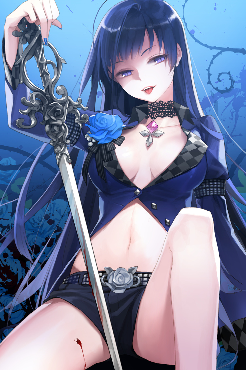 ahoge anj_inyghem armband belt bleeding blood blue_hair breasts checkered choker cleavage collarbone fangs flower grin head_tilt highres holding jewelry lace leg_up long_hair medium_breasts midriff nail_polish navel open_clothes open_mouth purple_eyes rose salt_(salty) scan shorts sitting smile solo sword sword_girls tongue tongue_out very_long_hair weapon