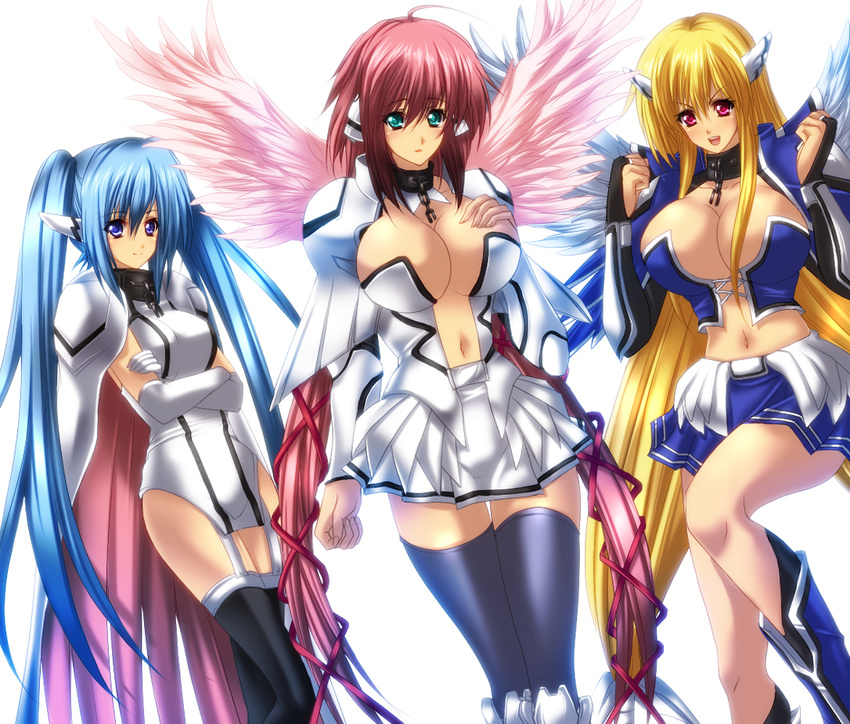 3girls astraea astrea blonde_hair blue_eyes blue_hair breasts cleavage ikaros juri_(shiningred) multiple_girls nymph_(sora_no_otoshimono) red_eyes red_hair sora_no_otoshimono wings