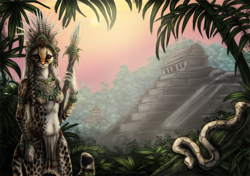 clothing feline female loincloth looking_at_viewer mammal margay mayan naira necklace ocelot polearm reptile scalie skimpy snake solo spear tribal
