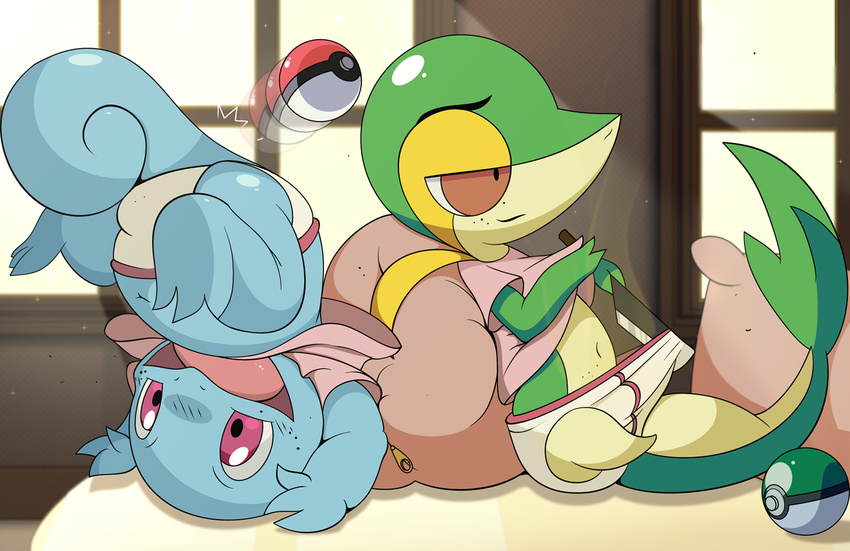 bed bulge clothing knife male open_mouth pillow pink_eyes pok&eacute;ball pok&eacute;mon red_eyes snivy squirtle tongue underwear upside_down