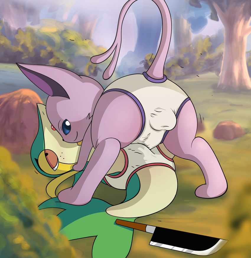 balls bulge butt espeon from_behind gay knife male outside pok&eacute;mon snivy underwear wood