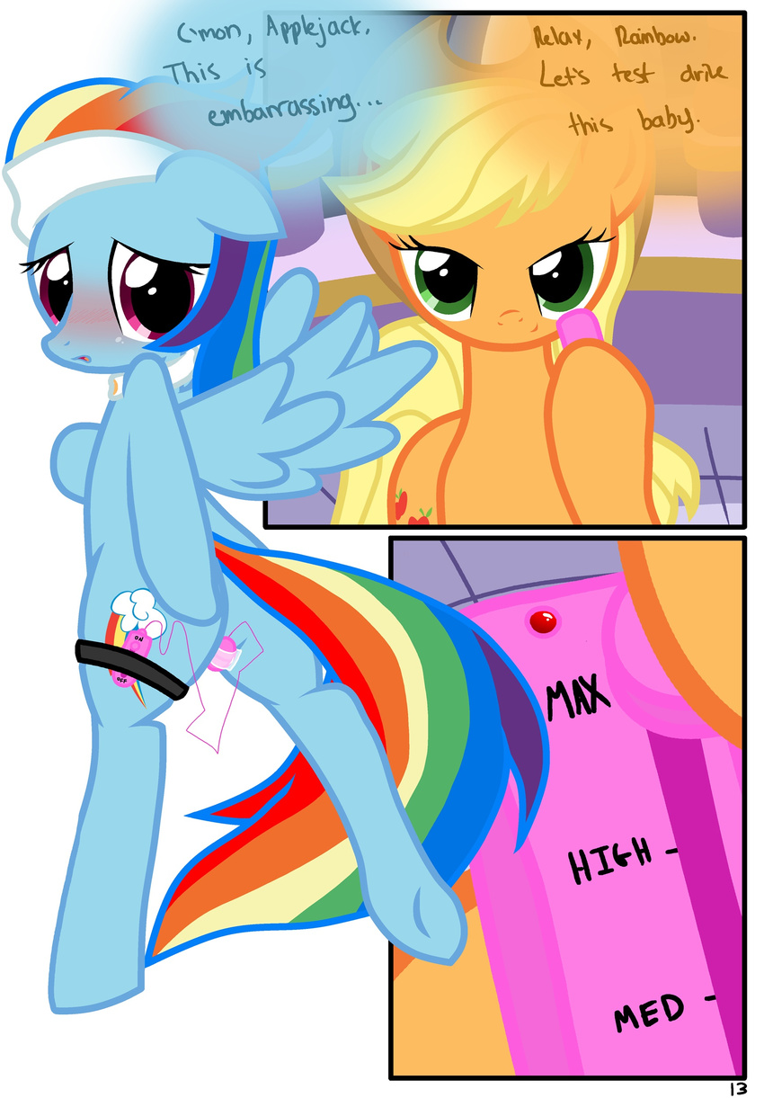 applejack_(mlp) blonde_hair blush comic cowboy_hat cutie_mark dialog dialogue duo english_text equine female feral friendship_is_magic hair hat horse lesbian looking_at_viewer looking_back mammal masturbation multi-colored_hair my_little_pony nude pegasus plain_background pony purple_eyes pyruvate rainbow_dash_(mlp) rainbow_hair sex_toy text vibrator white_background wings