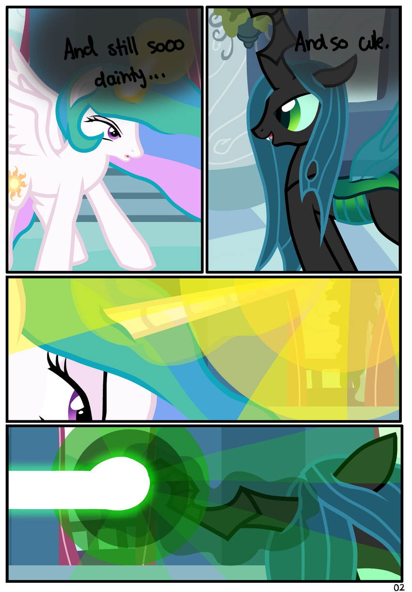 aura battle black_fur challenge changeling comic cutie_mark dialog english_text equine female feral friendship_is_magic fur green_eyes green_hair hair horn horse invalid_color mammal multi-colored_hair my_little_pony pony princess_celestia_(mlp) purple_eyes pyruvate queen_chrysalis_(mlp) queen_chrysalis_(mlp)aura text vs white_fur winged_unicorn wings