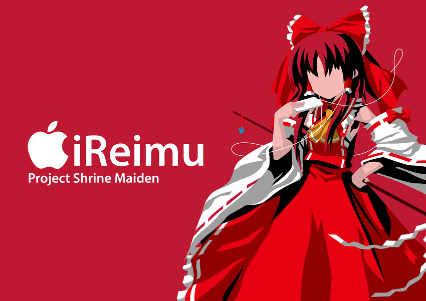 absurdres apple_inc. ascot bad_id bad_pixiv_id bow character_name detached_sleeves digital_media_player faceless flat_color gohei hair_bow hair_tubes hakurei_reimu high_contrast highres holding ipod ipod_ad long_hair magatama midorigunso3 no_lineart red_background sarashi shide simple_background skirt skirt_set solo touhou