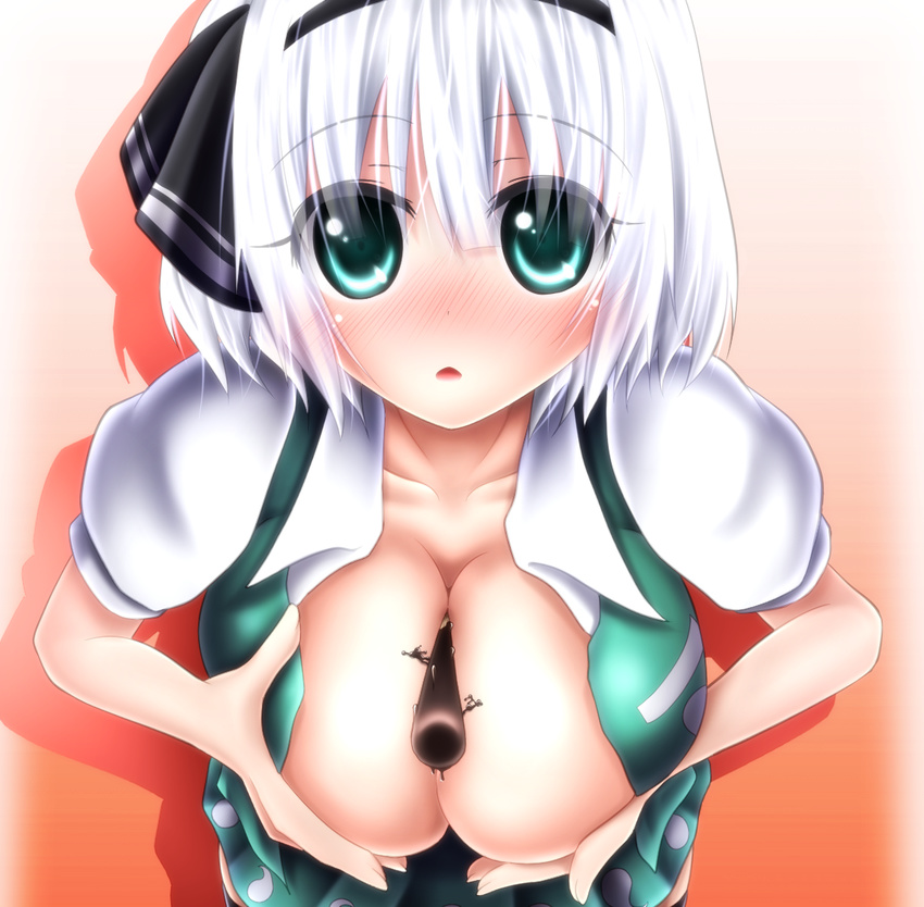 between_breasts blush breast_squeeze breasts cleaver collarbone evandragon food foreshortening green_eyes hair_ribbon konpaku_youmu large_breasts looking_at_viewer melting no_bra open_clothes open_mouth open_shirt open_vest perspective pocky ribbon shirt short_hair short_sleeves silver_hair skirt solo touhou vest