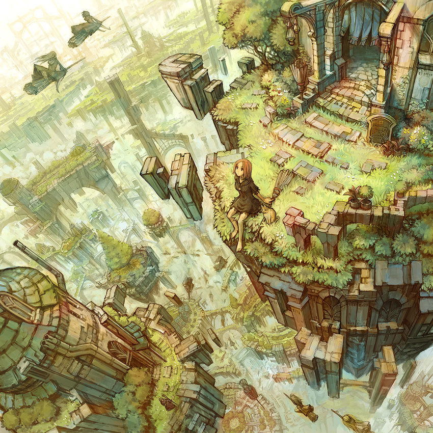 arm_support barefoot blonde_hair bridge broom broom_riding brown_hair building cat cityscape dorayuki dress dutch_angle fantasy floating_city flying from_above grass highres landscape lantern looking_away looking_up multiple_girls original overgrown plant potted_plant scenery sitting tree witch