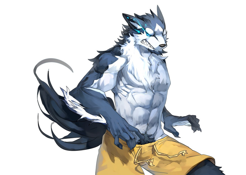 anthro biceps big_muscles black_fur blue_eyes blue_fur body_hair canine chest_tuft claws clenched_teeth clothed clothing fangs fantasy fluffy_tail fur glowing glowing_eyes hair half-dressed happy_trail jaws magic male mammal muscles nviek5 pecs plain_background pose shorts solo standing teeth topless tuft white_background white_fur wolf