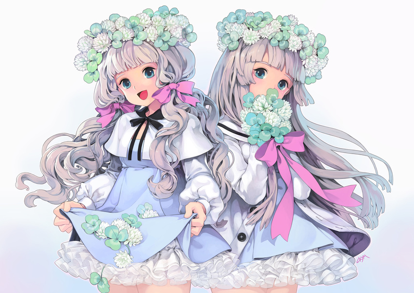 :d blue_eyes blush capelet chkuyomi clover clover_(flower) cowboy_shot dress flower gradient gradient_background head_wreath holding long_hair looking_at_viewer multiple_girls open_mouth original ribbon siblings silver_hair sisters skirt_basket smile twins wreath