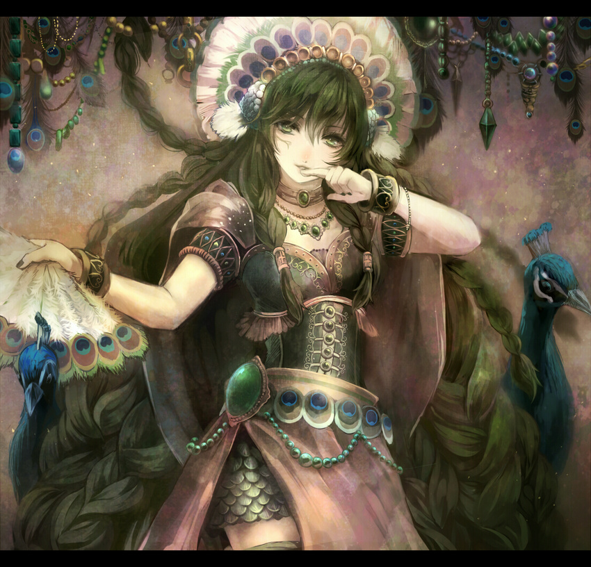 armor bird braid fan green_eyes green_hair holding jewelry letterboxed long_hair looking_at_viewer multiple_braids necklace original ouri peacock smile solo very_long_hair