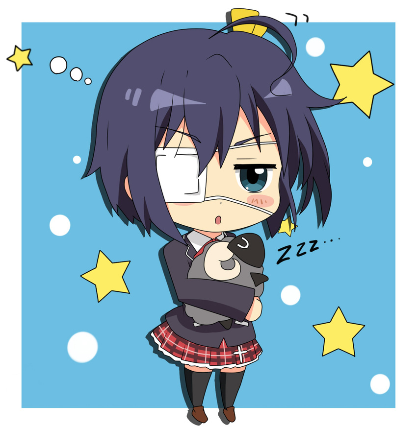 :o ahoge bad_id bad_pixiv_id black_hair blue_eyes blush_stickers chibi chuunibyou_demo_koi_ga_shitai! cross eyepatch inaka_gyomin one_side_up plaid plaid_skirt school_uniform skirt solo star takanashi_rikka thighhighs v-shaped_eyebrows