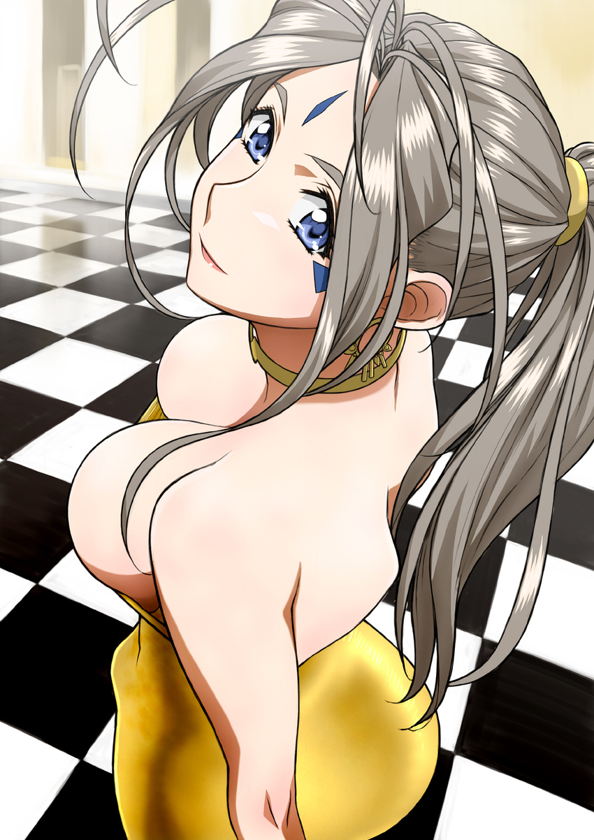 aa_megami-sama antenna_hair bangs bare_shoulders belldandy blue_eyes breasts choker cleavage downblouse dress earrings facial_mark forehead_mark from_behind goddess grey_hair highres impossible_clothes impossible_dress jewelry joy_division large_breasts long_hair looking_at_viewer ponytail smile solo strapless strapless_dress very_long_hair yellow_dress