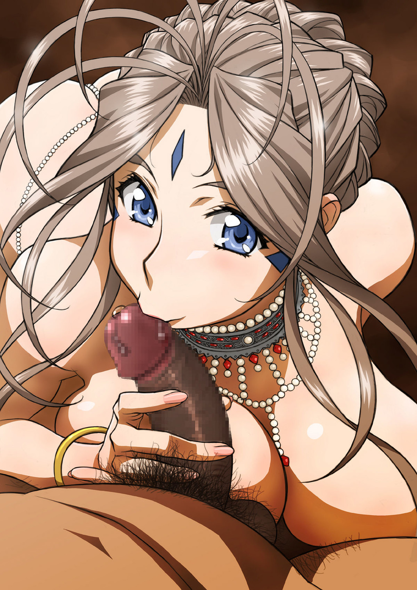 1girl aa_megami-sama antenna_hair average_penis belldandy blue_eyes bracelet breasts brown_hair censored facial_mark fellatio highres jewelry joy_division large_breasts licking long_hair looking_at_viewer nail_polish nude oral penis precum pubic_hair