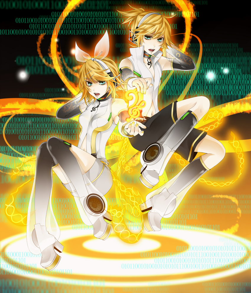 1girl absurdres aqua_eyes arm_warmers bad_id bad_pixiv_id bass_clef binary blonde_hair brother_and_sister detached_sleeves hair_ornament hair_ribbon hairclip headphones highres kagamine_len kagamine_len_(append) kagamine_rin kagamine_rin_(append) leg_warmers navel revision ribbon rico_(fbn3) short_hair shorts siblings treble_clef twins vocaloid vocaloid_append