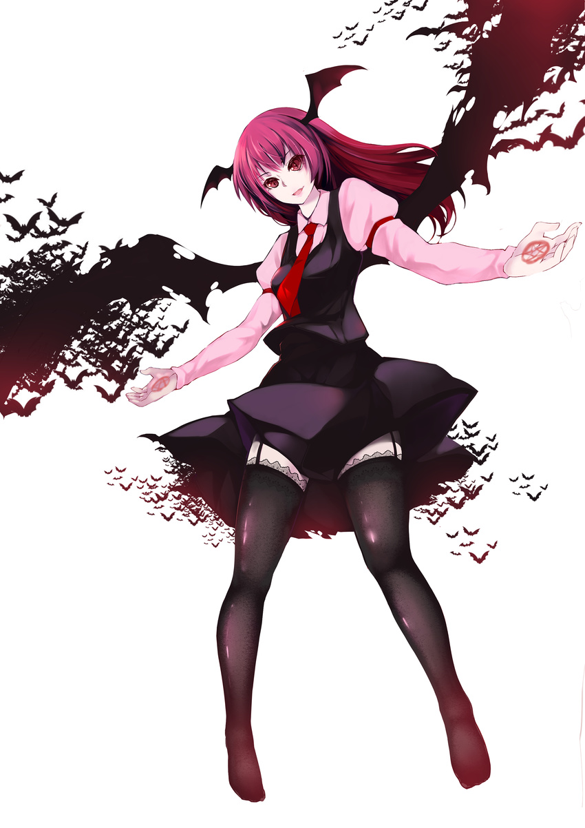 absurdres arm_belt bat bat_wings black_legwear garter_straps head_wings highres huangquan_dong_(sinchi) koakuma lips long_hair long_sleeves magic_circle necktie open_mouth outstretched_arms red_eyes red_hair red_neckwear simple_background skirt skirt_set slit_pupils smile solo thighhighs touhou white_background wings