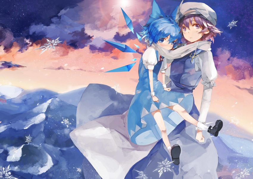 absurdres blue_eyes blue_hair blush bow cirno cloud dress hair_bow hat highres ice ice_wings lavender_eyes letty_whiterock mountain multiple_girls open_mouth pink_eyes pointy_ears puffy_sleeves purple_hair ribbon saberiii scarf shared_scarf shoes short_hair short_sleeves sky snowflakes socks sunlight touhou white_scarf wings winter