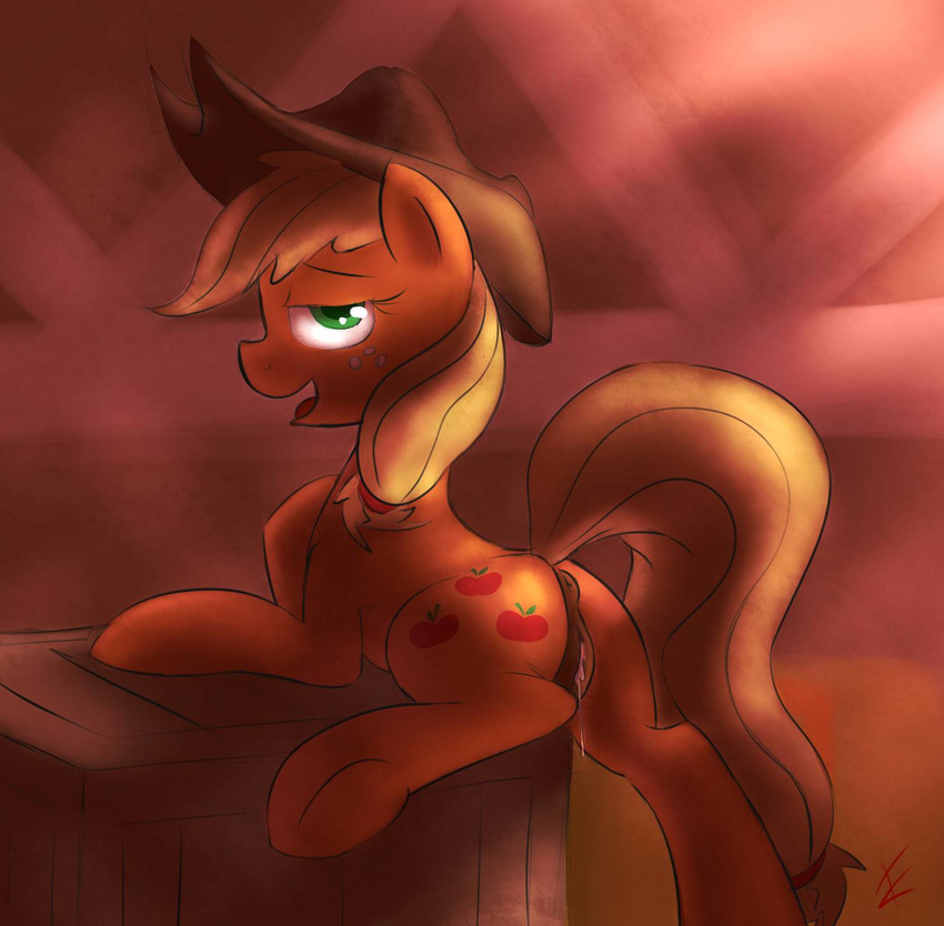 anus applejack_(mlp) blonde_hair blush butt cowboy_hat cradeelcin cutie_mark equine female feral freckles friendship_is_magic green_eyes hair hat horse looking_at_viewer mammal my_little_pony nude open_mouth pony presenting presenting_hindquarters pussy solo wet_pussy