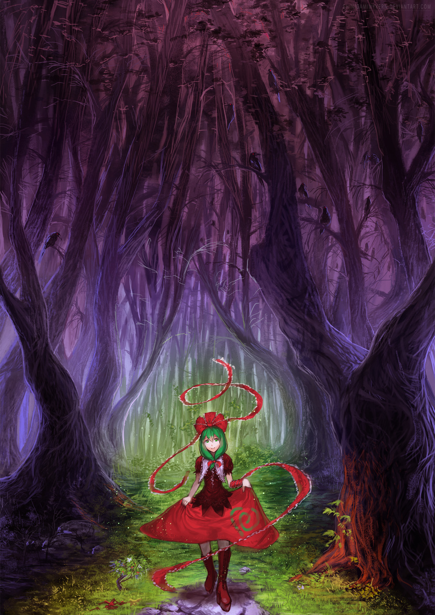 boots bow cross-laced_footwear dress forest frills front_ponytail green_eyes green_hair hair_bow hair_ornament hair_ribbon highres kagiyama_hina lace-up_boots long_hair looking_at_viewer nature red_dress ribbon shinigami_wyvern short_sleeves skirt_hold smile solo standing touhou tree
