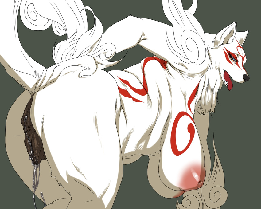 &#332;kami amaterasu anatomically_correct anatomically_correct_pussy animal_genitalia anus bent_over big_breasts big_nipples black_nose breasts butt canine canine_pussy chubby deity female furry hanging_breasts kitsunenone looking_at_viewer mammal nipples okiyo ookami_(game) open_mouth plump presenting pussy pussy_juice solo tongue tongue_out video_games wolf