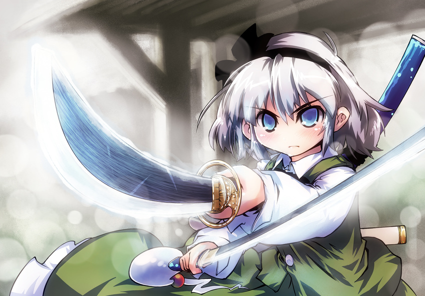 black_hairband blue_eyes dual_wielding hairband highres holding katana konpaku_youmu nanaroku_(fortress76) revision short_hair silver_hair solo sword touhou weapon