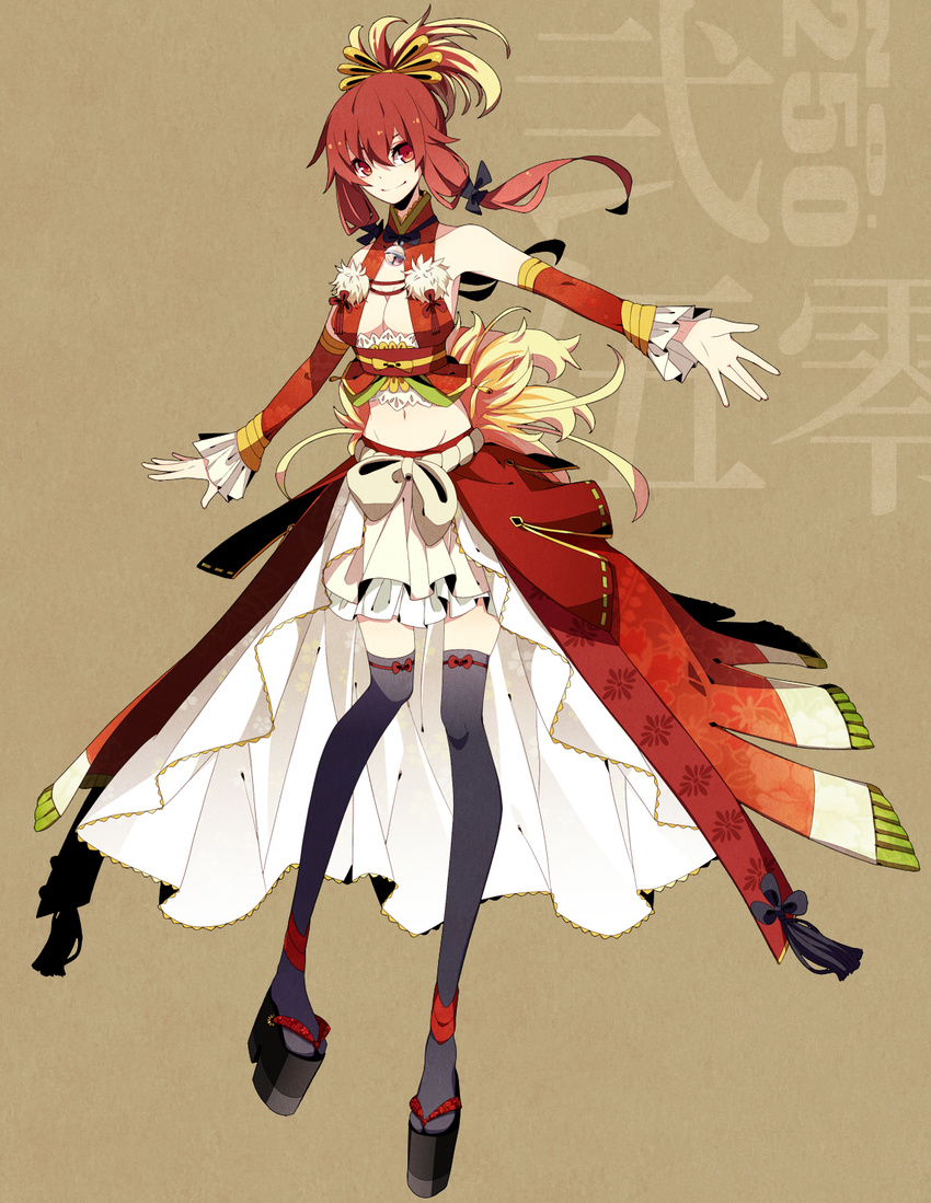 bare_shoulders beige_background bell breasts cleavage detached_sleeves dress gen_2_pokemon geta highres ho-oh long_sleeves looking_at_viewer medium_breasts merlusa midriff multicolored_hair navel okobo outstretched_arms personification pigeon-toed pokemon red_dress red_eyes red_hair sandals simple_background smile solo standing tabi thighhighs twintails two-tone_hair zettai_ryouiki