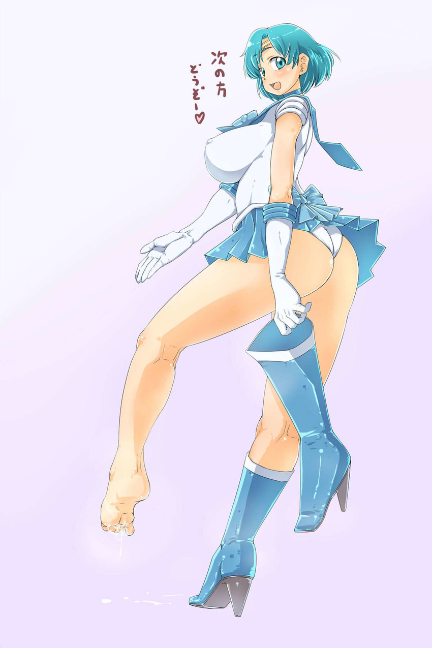 1girl aftersex alternate_breast_size ass bare_legs barefoot bishoujo_senshi_sailor_moon blue_eyes blue_hair blush boots bow breasts choker cum cum_on_body cum_on_lower_body cumdrip ear_studs earrings elbow_gloves erect_nipples feet female footjob gloves heart high_heels highres huge_breasts jewelry knee_boots large_breasts magical_girl miniskirt mizuno_ami panties pleated_skirt sailor_collar sailor_mercury sailor_moon sailor_outfit shoes short_hair simple_background skirt smell solo spoken_heart standing standing_on_one_leg sweat text thighs tiara translated underwear warumono_tomii white_background white_panties