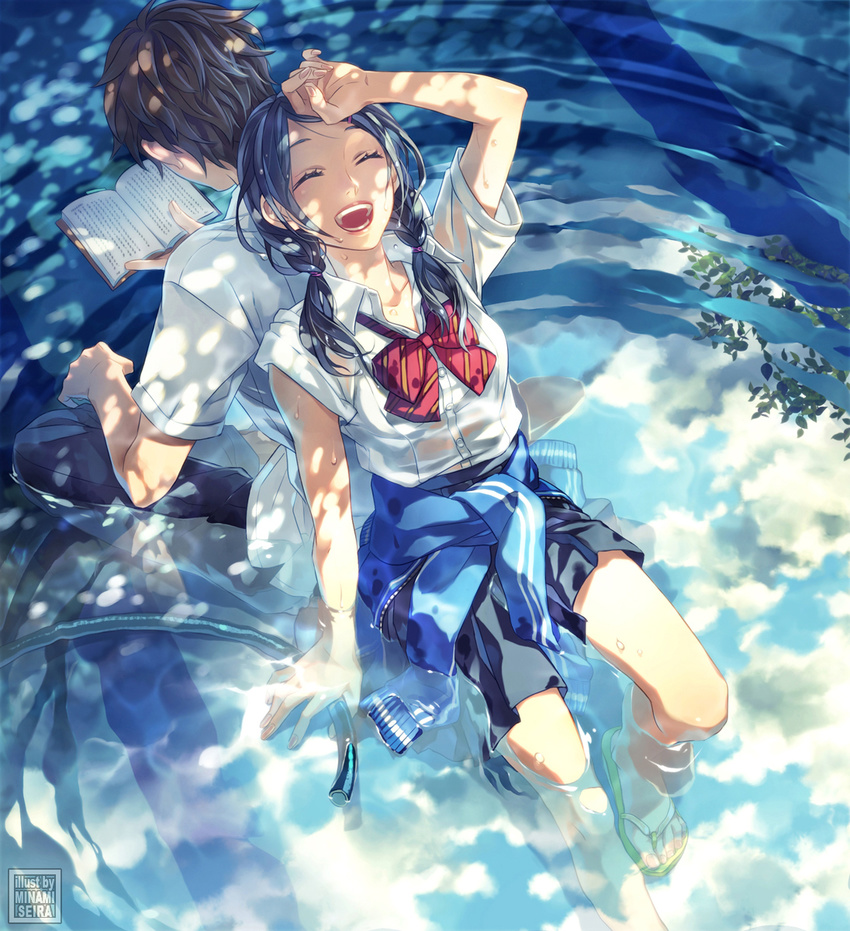 1girl ^_^ back-to-back blue blue_hair book bow bowtie closed_eyes clothes_around_waist cloud dappled_sunlight flip-flops from_above hand_on_forehead highres hose jacket_around_waist laughing long_hair minami_seira open_mouth original partially_submerged pool reading reflection revision ripples sandals school_uniform shirt sitting sky sleeves_pushed_up summer sunlight tree_shade twintails water wet