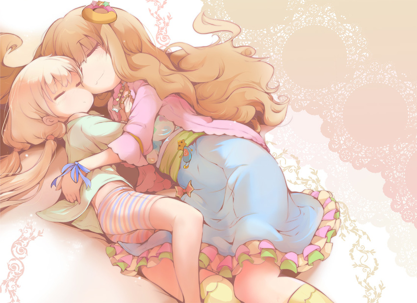 :3 =_= bike_shorts blonde_hair bow brown_hair cheek-to-cheek closed_eyes frills futaba_anzu hair_ornament heart heart_print hug idolmaster idolmaster_cinderella_girls kneehighs leg_between_thighs long_hair lying moroboshi_kirari multiple_girls on_side ribbon sleeping smile star striped striped_bike_shorts twintails usoneko wrist_ribbon yuri