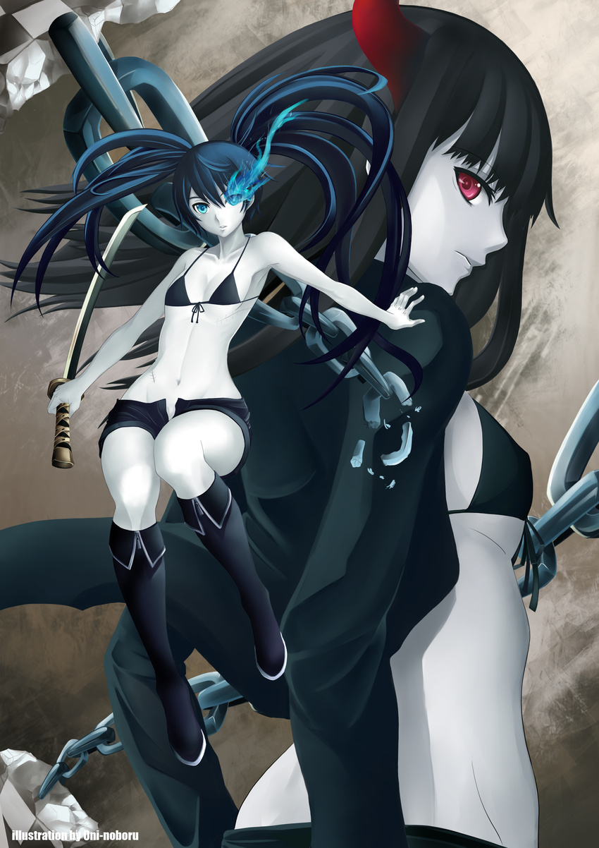 absurdres black_gold_saw black_hair black_rock_shooter black_rock_shooter_(character) blue_eyes blue_hair boots burning_eye chain coat hands highres horns katana legs long_hair multiple_girls oni-noboru pale_skin red_eyes revision scar sword twintails uneven_twintails weapon