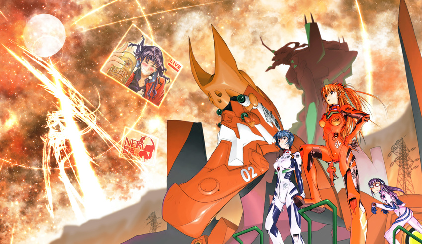 alcohol ayanami_rei beer blue_hair drunk eva_01 eva_02 glasses highres kakubayashi_tsuyoshi katsuragi_misato makinami_mari_illustrious multiple_girls neon_genesis_evangelion plugsuit purple_hair rebuild_of_evangelion red_hair resized revision shikinami_asuka_langley souryuu_asuka_langley