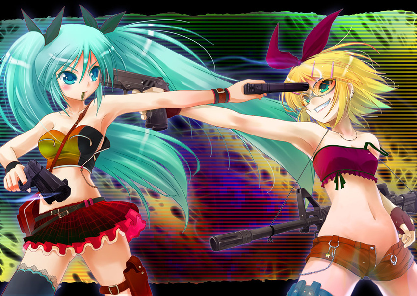 aqua_eyes aqua_hair armpits ass_visible_through_thighs assault_rifle bandeau bare_shoulders belt blonde_hair bow bullet bustier dual_wielding ear_piercing finger_on_trigger fingerless_gloves gangsta_hold glasses gloves grin gun gun_to_head hair_bow handgun hatsune_miku holding holding_gun holding_weapon holster kagamine_rin lingerie long_hair m4_carbine mexican_standoff midriff miniskirt mouth_hold multiple_girls navel no_panties open_fly parody phantom_of_inferno piercing plaid porurin revision rifle shooting_glasses short_hair short_shorts shorts skirt smile smoke smoking_gun strap_slip strapless thigh_holster thigh_strap thighhighs tubetop twintails underwear unzipped very_long_hair vocaloid weapon wristband zipper