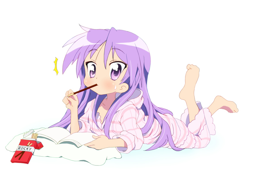1girl absurdres alternate_hairstyle barefoot book collarbone eating feet food hair_down highres hiiragi_kagami long_hair lucky_star lying on_stomach pajamas pillow pocky purple_eyes purple_hair revision solo surprised sweatdrop tsurime tyke
