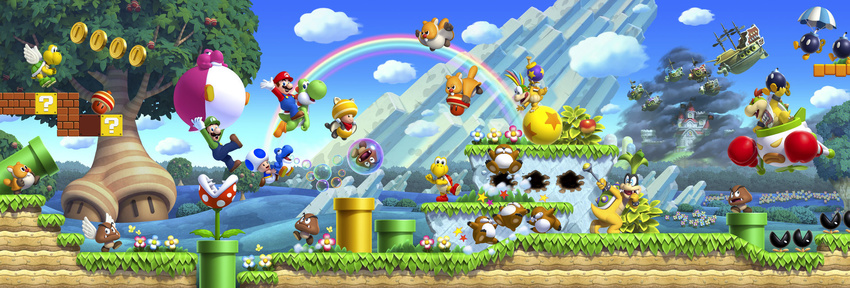 3d airship bob-omb bowser_jr. castle facial_hair gloves goomba hat highres iggy_koopa koopa lemmy_koopa looking_at_viewer luigi mario mario_(series) monty_mole mountain mustache new_super_mario_bros. new_super_mario_bros._u official_art overalls piranha_plant rainbow smile super_mario_bros. toad_(mario) tree wings yoshi