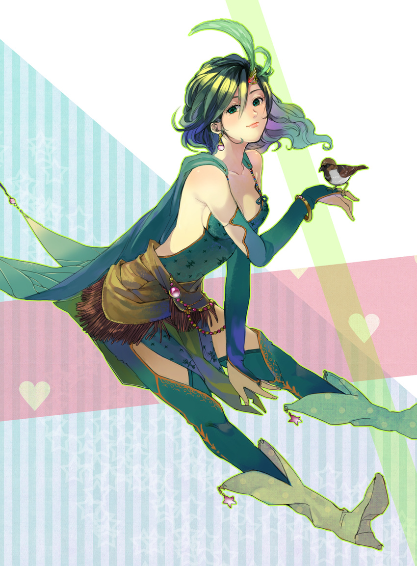 bird boots bracelet breasts bridal_gauntlets cleavage collarbone earrings feathers final_fantasy final_fantasy_iv green_eyes green_hair green_legwear hair_ornament halu-ca highres jewelry leaning_forward lips long_hair medium_breasts revision rydia smile solo sparrow wind yellow_footwear
