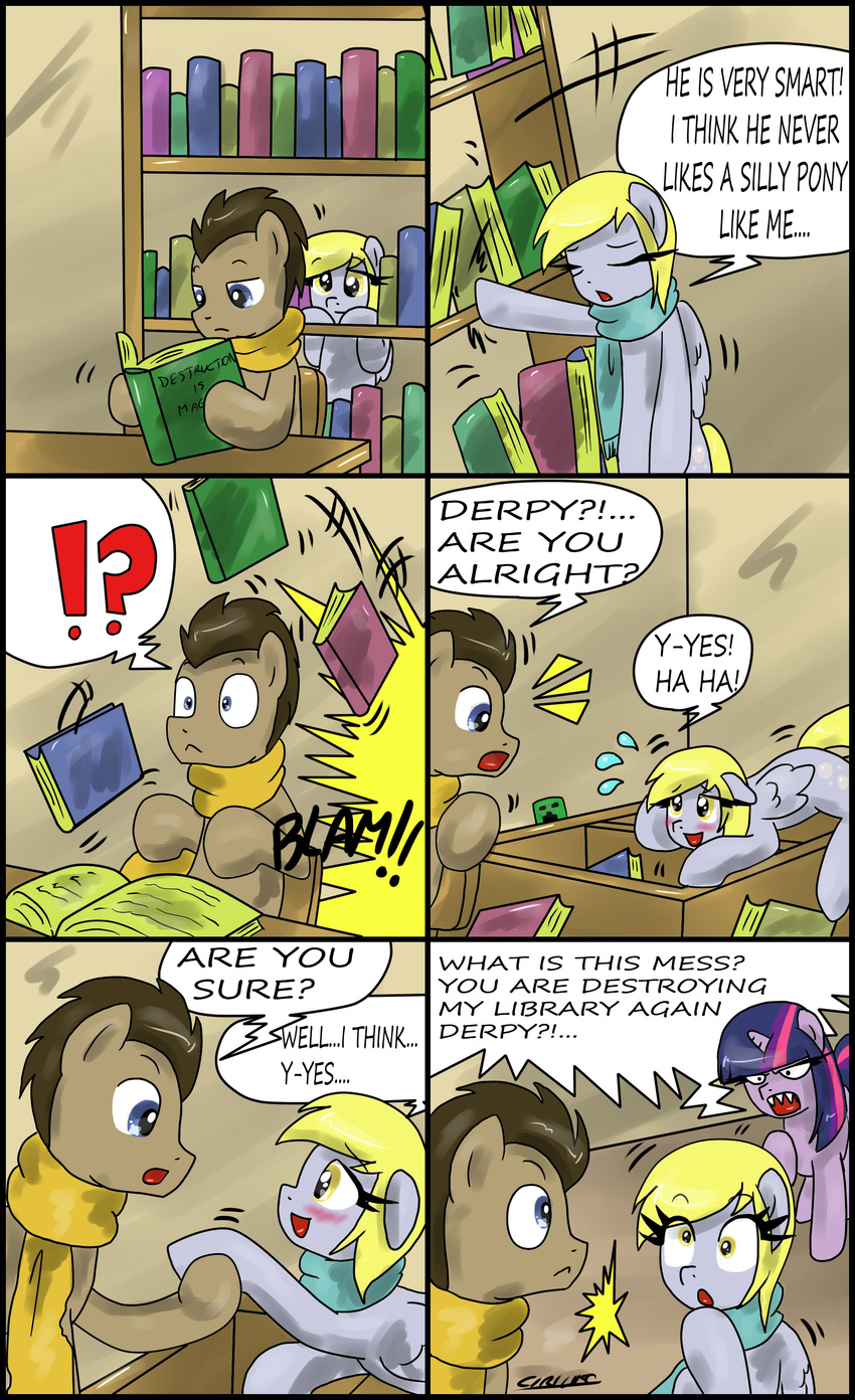 angry blonde_hair blue_eyes blush book bookshelf brown_hair ciriliko comic creeper cutie_mark derp_eyes derpy_hooves_(mlp) dialog dialogue doctor_whoof_(mlp) doctor_whooves_(mlp) english_text equine female feral friendship_is_magic hair horn horse library male mammal minecraft multi-colored_hair my_little_pony pegasus pony scarf text twilight_sparkle_(mlp) unicorn video_games wings yellow_eyes