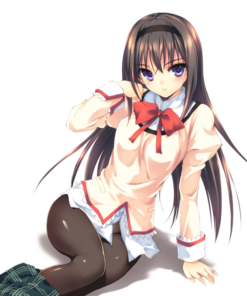 akemi_homura arm_support black_hair black_hairband black_legwear bow bowtie hairband hands highres kikurage_(plastic_people) legs long_hair looking_at_viewer mahou_shoujo_madoka_magica mitakihara_school_uniform panties panties_under_pantyhose pantyhose plaid plaid_skirt purple_eyes revision school_uniform sitting skirt skirt_pull solo underwear