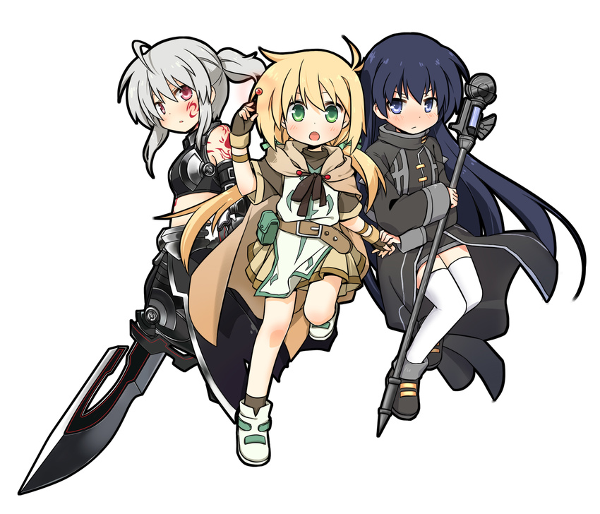 2girls ahoge armor bare_shoulders belt black_hair blonde_hair blue_eyes blush buckle chrono_harlaown ec_divider_code-996 fingerless_gloves genderswap genderswap_(mtf) gloves green_eyes highres jiang-ge long_hair long_sleeves lyrical_nanoha mahou_senki_lyrical_nanoha_force midriff multiple_girls open_mouth ponytail raising_heart red_eyes s2u silver_hair skirt tattoo thighhighs thoma_avenir twintails very_long_hair white_background yuuno_scrya