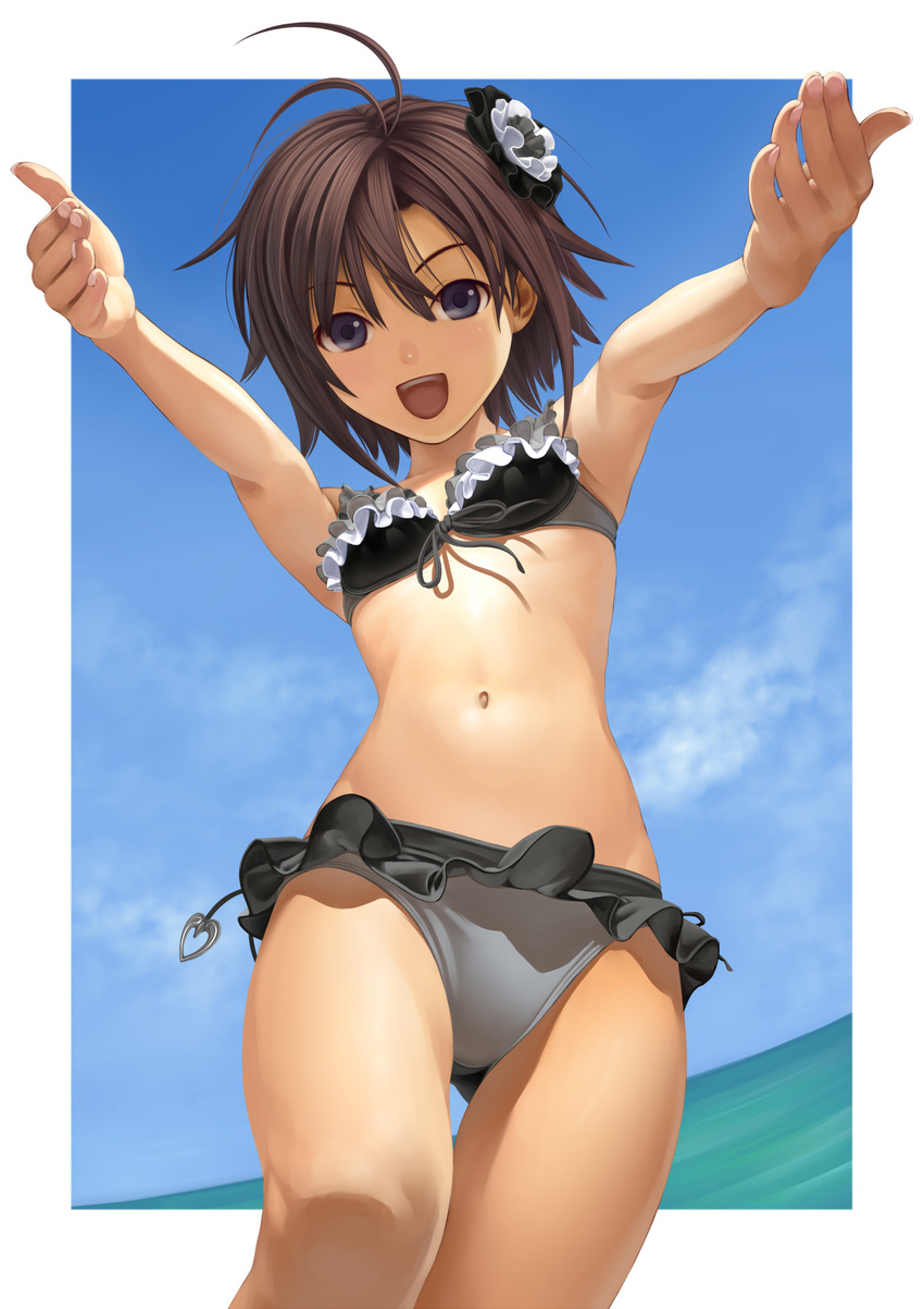 absurdres antenna_hair armpits bikini black_bikini blue_eyes brown_hair day frilled_bikini frills front-tie_top hair_ornament heart highres idolmaster idolmaster_(classic) idolmaster_2 kikuchi_makoto navel nekopuchi ocean open_mouth outdoors outstretched_arms revision short_hair sky smile solo swimsuit thigh_gap