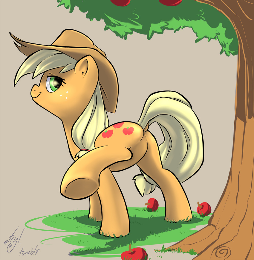 apple applejack_(mlp) atryl blonde_hair butt cowboy_hat cutie_mark equine female feral friendship_is_magic fruit grass green_eyes hair hat horse looking_at_viewer looking_back mammal my_little_pony nude pony raised_leg solo spread_legs spreading standing tree wood
