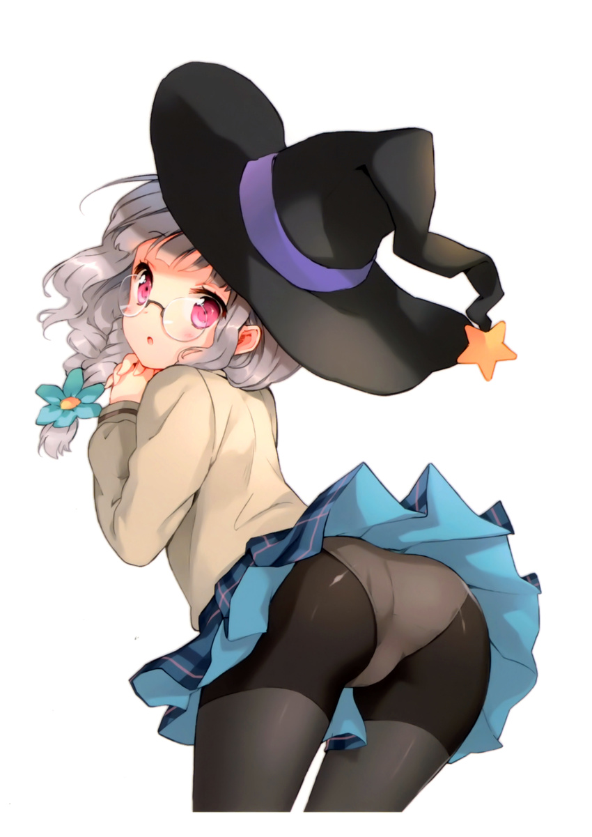 absurdres arched_back ass black_legwear braid cuteg flower from_behind glasses grey_hair hair_flower hair_ornament hair_over_shoulder hands_clasped hat highres kono_naka_ni_hitori_imouto_ga_iru! looking_back official_art open_mouth own_hands_together panties panties_under_pantyhose pantyhose pleated_skirt purple_eyes sagara_mei scan skirt solo thighhighs underwear upskirt white_legwear white_panties witch_hat