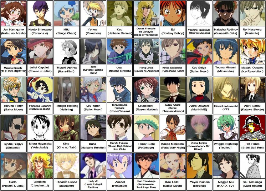 allison_&amp;_lilia anabel androgynous aquarion_(series) atlus baccano! bishoujo_senshi_sailor_moon chart cowboy_bebop coyote_ragtime_show fate/stay_night fate_(series) female gintama haibane_renmei hellsing hourou_musuko idolmaster jojo_no_kimyou_na_bouken kamichama_karin katawa_shoujo kazamakase_tsukikage_ran kaze_hikaru kikuchi_makoto kino kino_no_tabi kurenai lila_(pokemon) lupin_iii maggie_mui meme minami-ke my-hime ouran_high_school_host_club persona persona_4 pokemon pokemon_special ran_tsukikage reverse_trap ricardo_russo romeo_x_juliet rozen_maiden sailor_moon sei_tominaga shirogane_naoto shugo_chara shugo_chara! sousei_no_aquarion souseiseki steel_ball_run tenjou_utena tms_entertainment touhou tsukikage_ran urusei_yatsura wriggle_nightbug yellow_(pokemon) yotsubato!