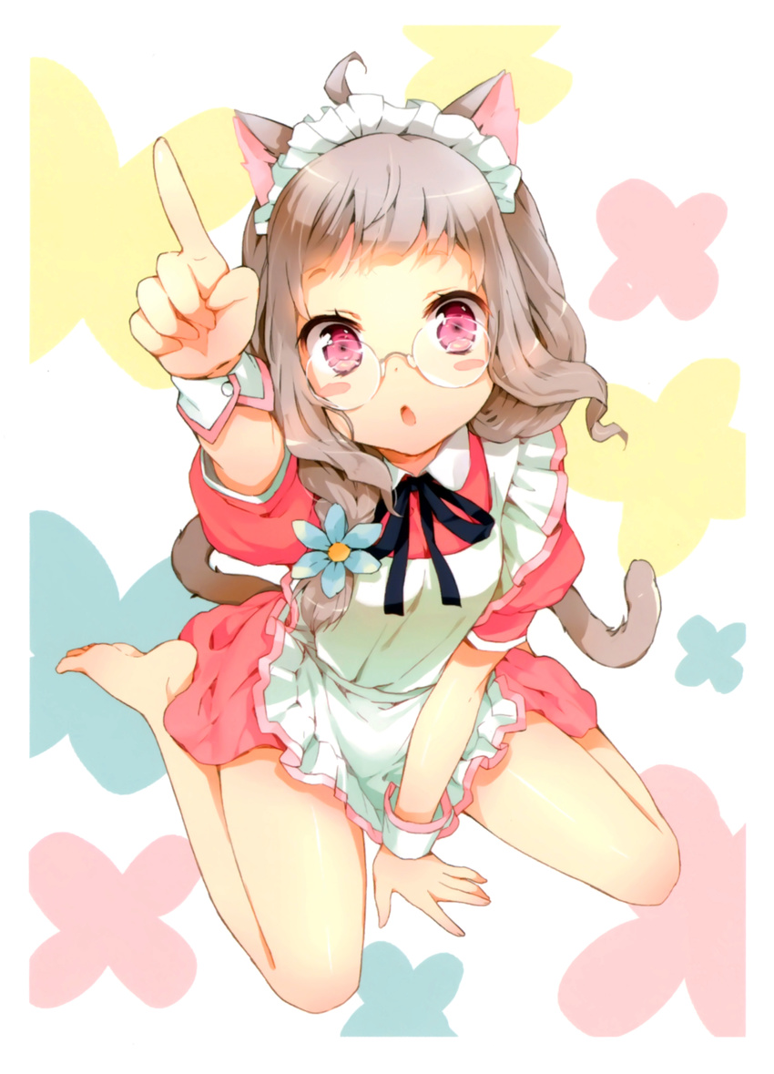 :o absurdres ahoge animal_ears apron arm_support bare_legs barefoot between_legs blush_stickers braid cat_ears cat_tail cuteg feet flower from_above glasses grey_hair hair_flower hair_ornament hair_over_shoulder hand_between_legs highres index_finger_raised kono_naka_ni_hitori_imouto_ga_iru! maid_headdress official_art pointing purple_eyes ribbon sagara_mei scan sitting soles solo tail wariza wrist_cuffs