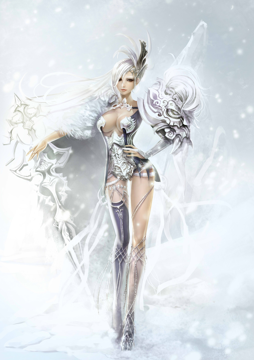 armor ass_visible_through_thighs black_eyes breasts cleavage hair_ornament highres large_breasts legs long_hair original orry smile solo standing thighhighs white_hair