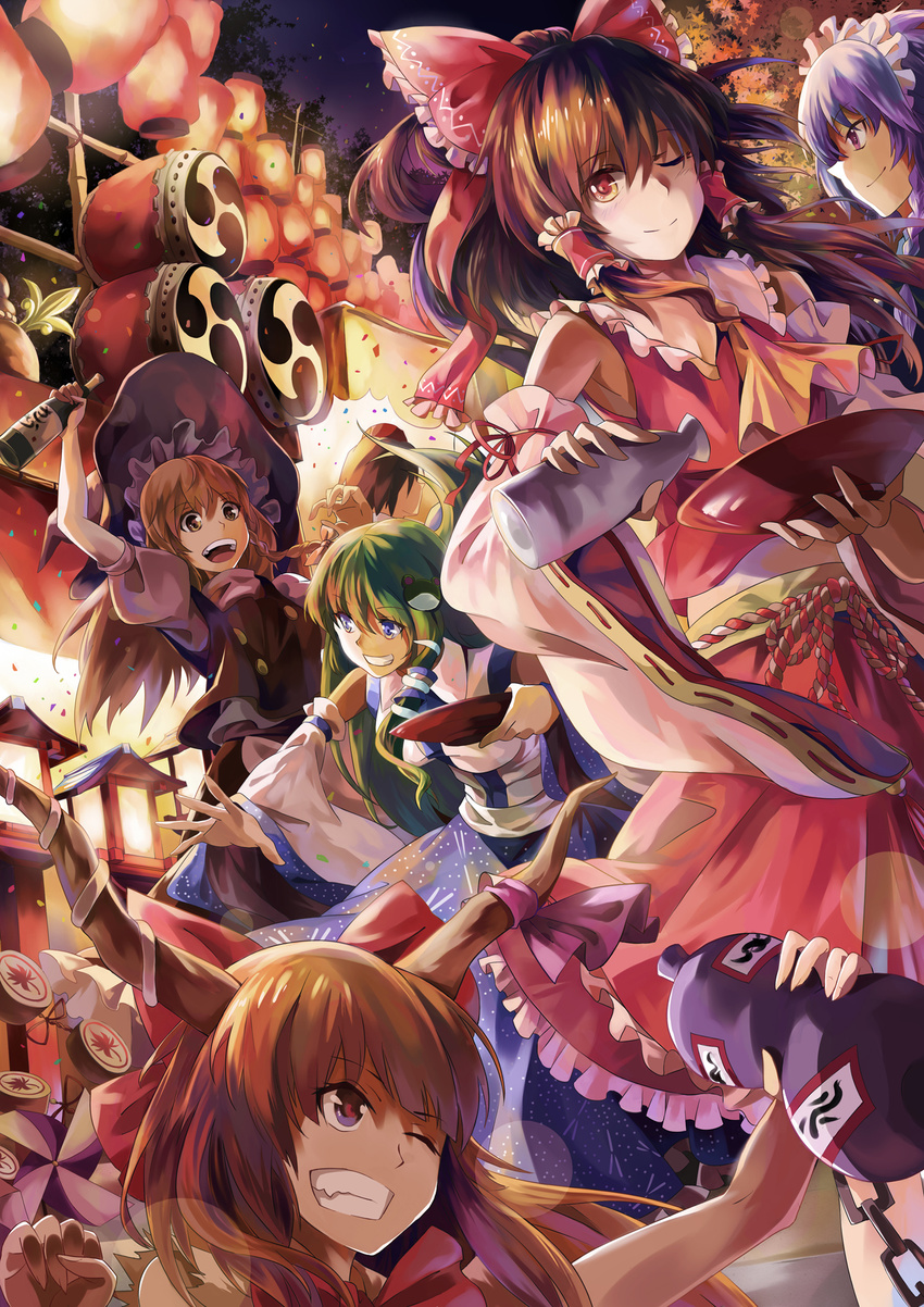 bare_shoulders bottle bow braid brown_hair chain cup detached_sleeves festival frog_hair_ornament gourd grin hair_bow hair_ornament hair_tubes hakurei_reimu hat highres horns ibuki_suika izayoi_sakuya kirisame_marisa kochiya_sanae long_hair maid_headdress mitsudomoe_(shape) multiple_girls neko_(yanshoujie) one_eye_closed sakazuki shameimaru_aya short_hair silver_hair smile tomoe_(symbol) touhou twin_braids wide_sleeves witch_hat