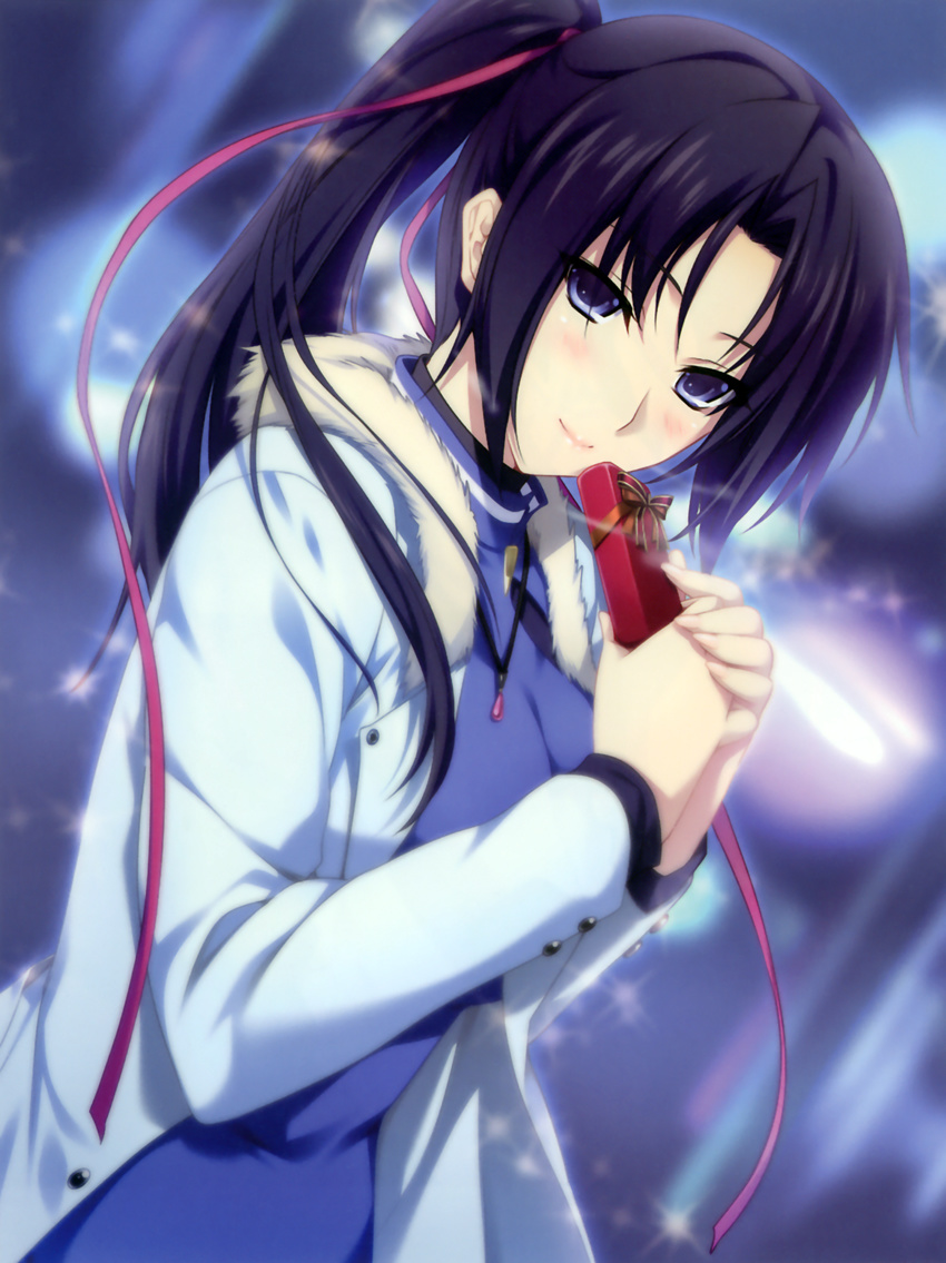 absurdres black_hair blue_eyes fur_trim gift hair_ribbon highres honjou_manami iizuki_tasuku jacket jewelry kimi_to_issho_ni lips long_hair necklace pendant ponytail ribbon scan smile solo turtleneck valentine